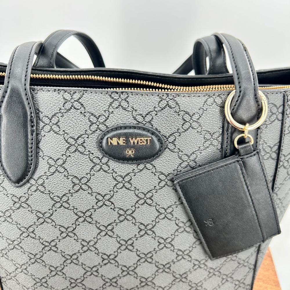 Nine West Womens Grey Black Monogram Logo Tote Bag with Card Holder Charm - Picture 4 of 14